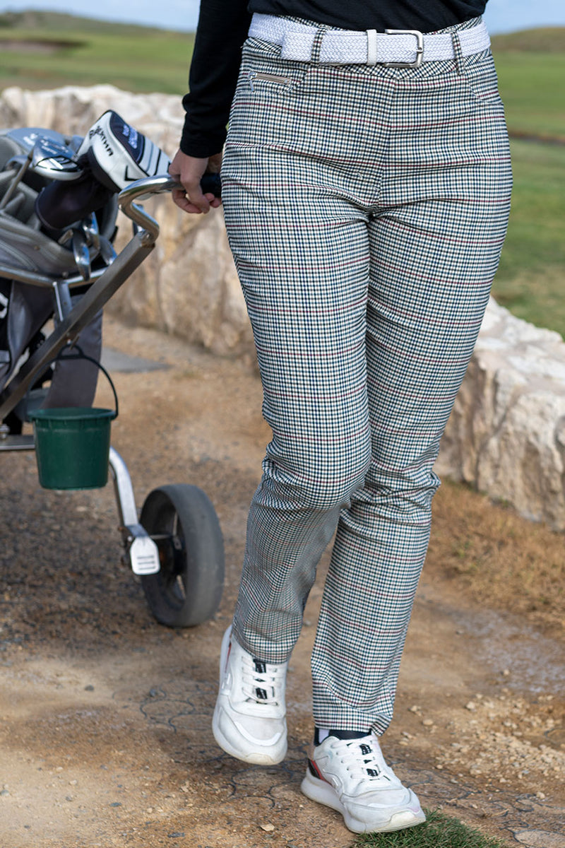 Women's Stone, Navy and Rust stretch check golf pant