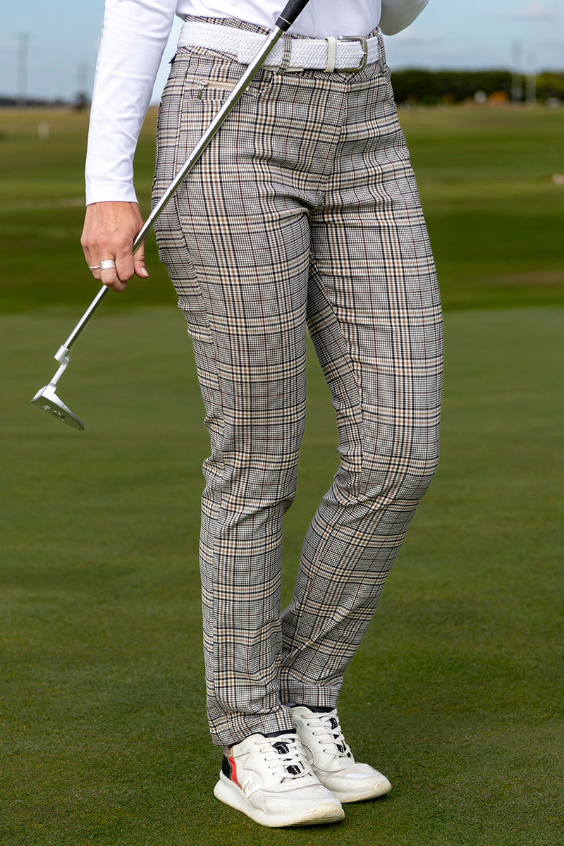 Women's Tan Stone and Burgundy Check Pant