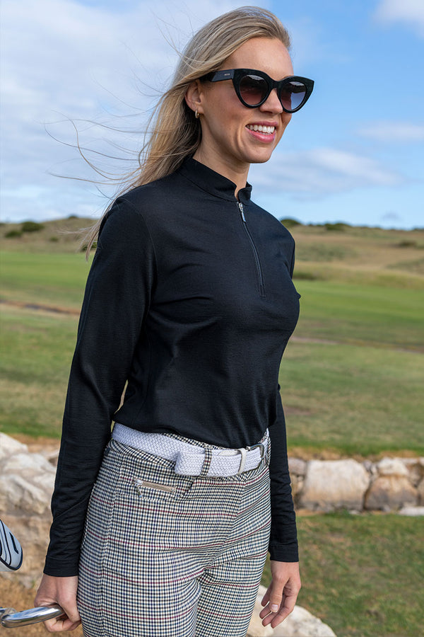 Women's Black  Merino Wool Long Sleeve Golf Top