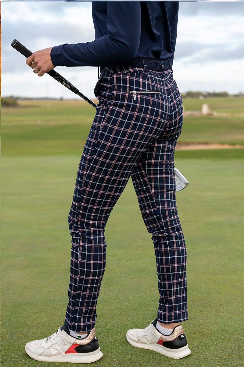 Women's stretch navy and pink check golf pant