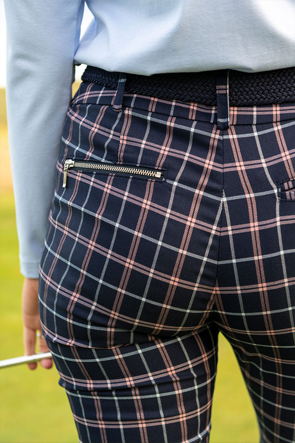 Women's stretch navy and pink check golf pant
