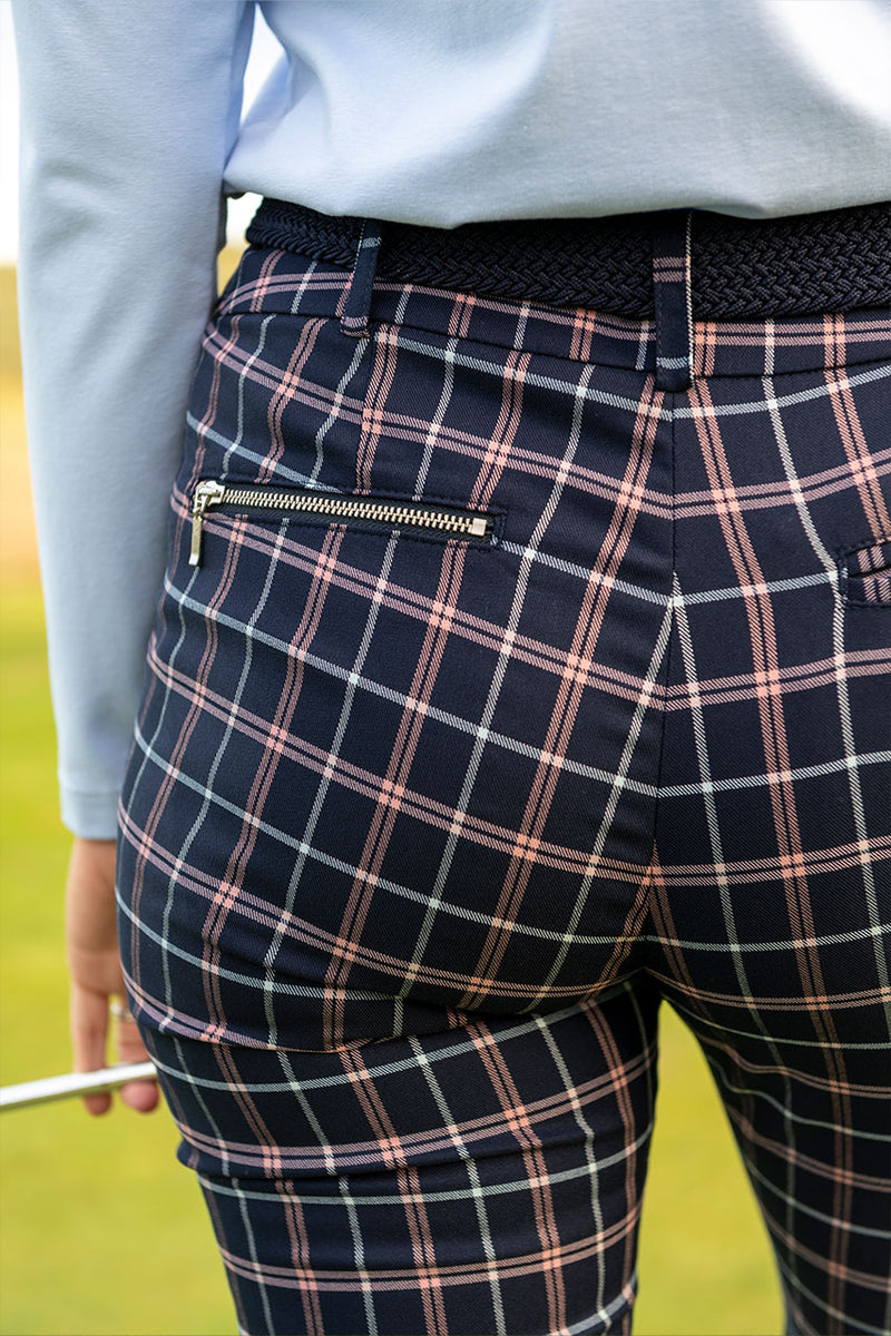 Women's stretch navy and pink check golf pant