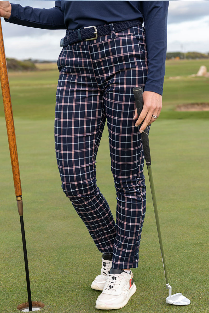 Women's stretch navy and pink check golf pant