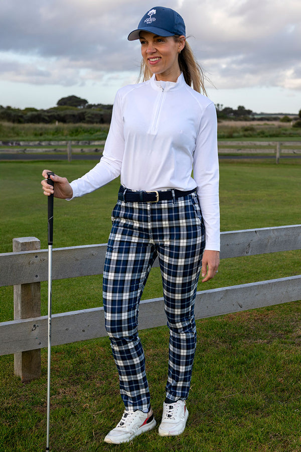 Women's stretch navy and white check golf pant