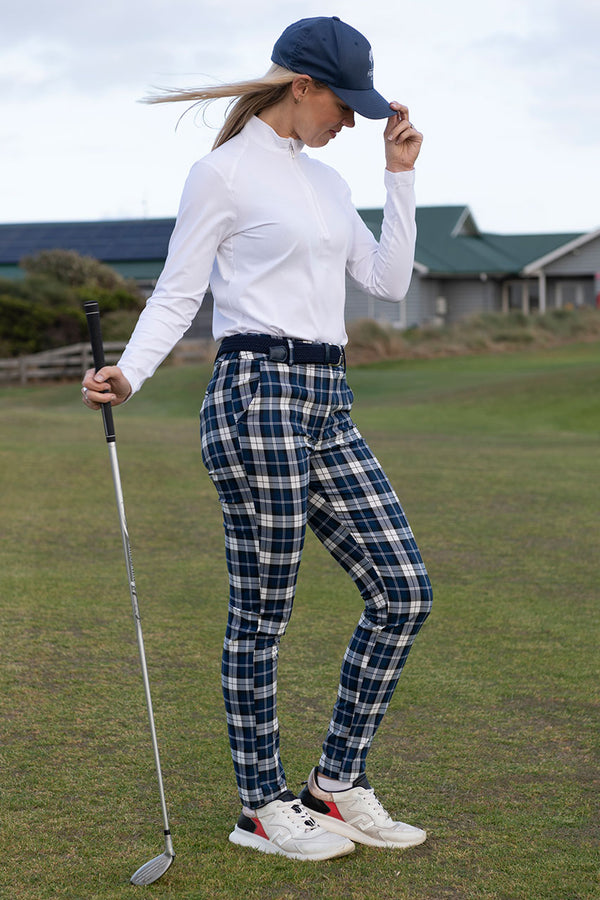 Women's stretch navy and white check golf pant