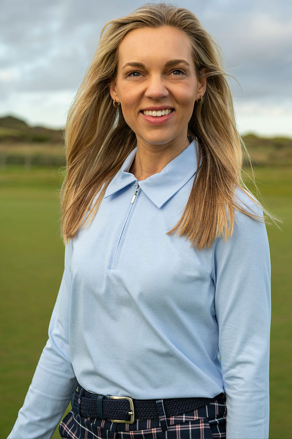 Women's pale blue Jenny long sleeve zip front golf polo shirt
