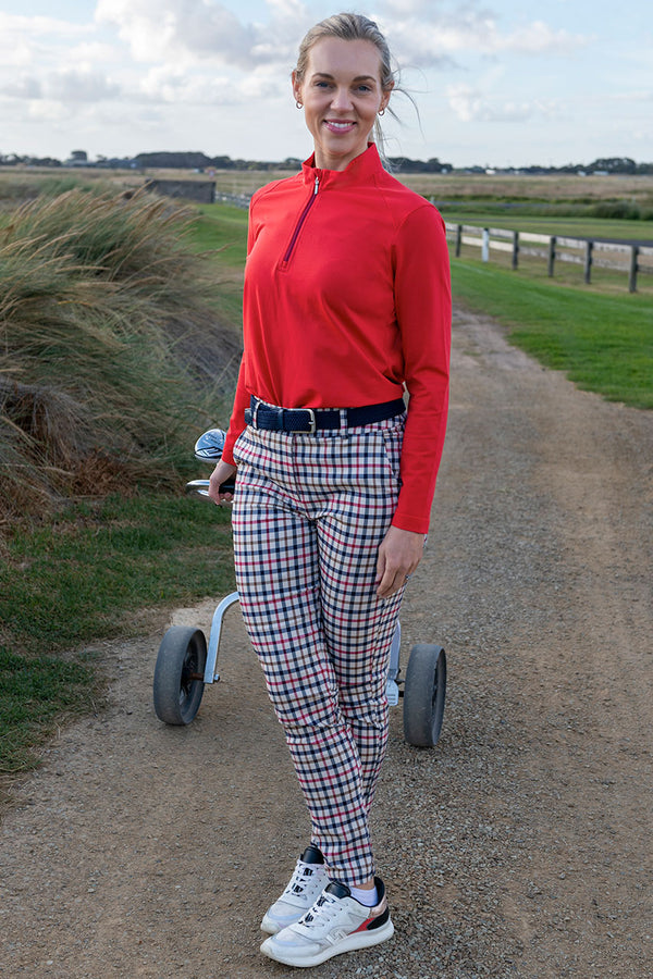 Women's Stone, Navy and Red Stretch Check Golf Pant