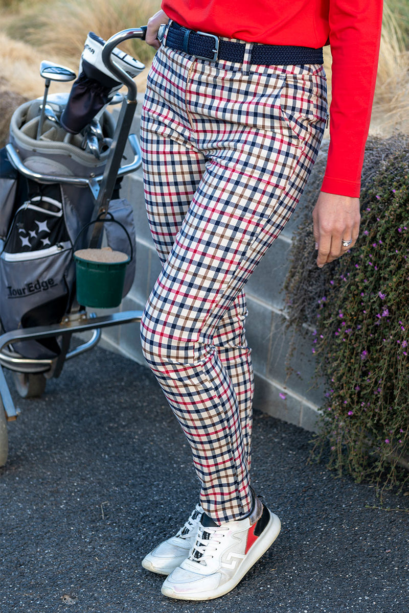 Women's Stone, Navy and Red Stretch Check Golf Pant