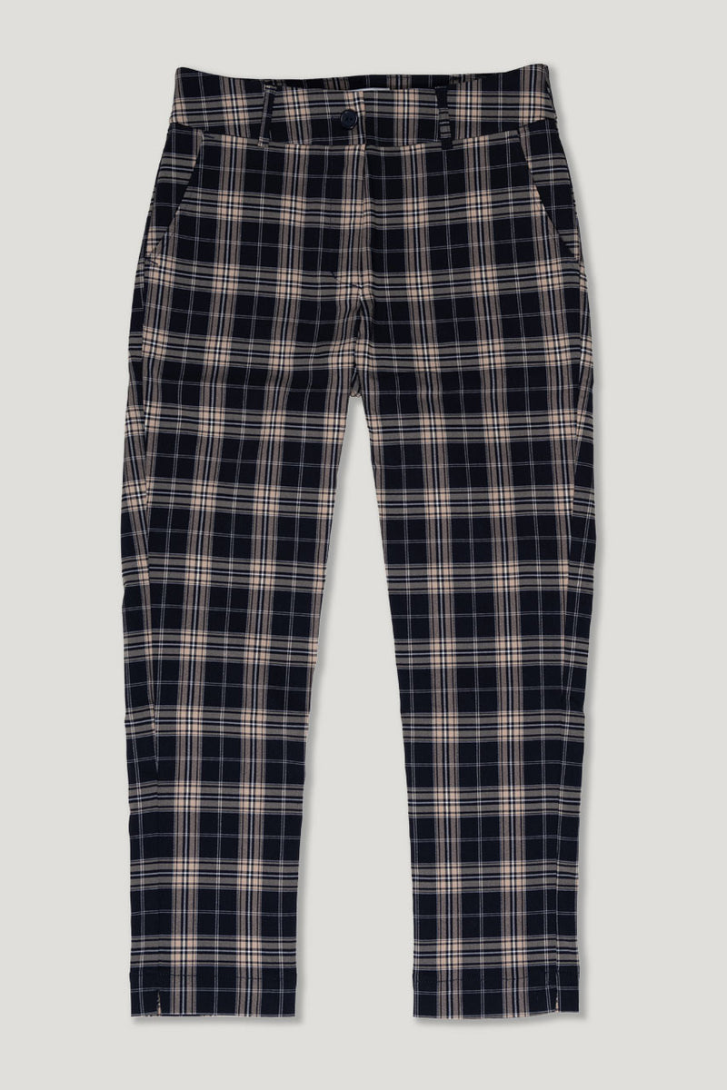 women navy and stone stretch tartan check golf capri pant