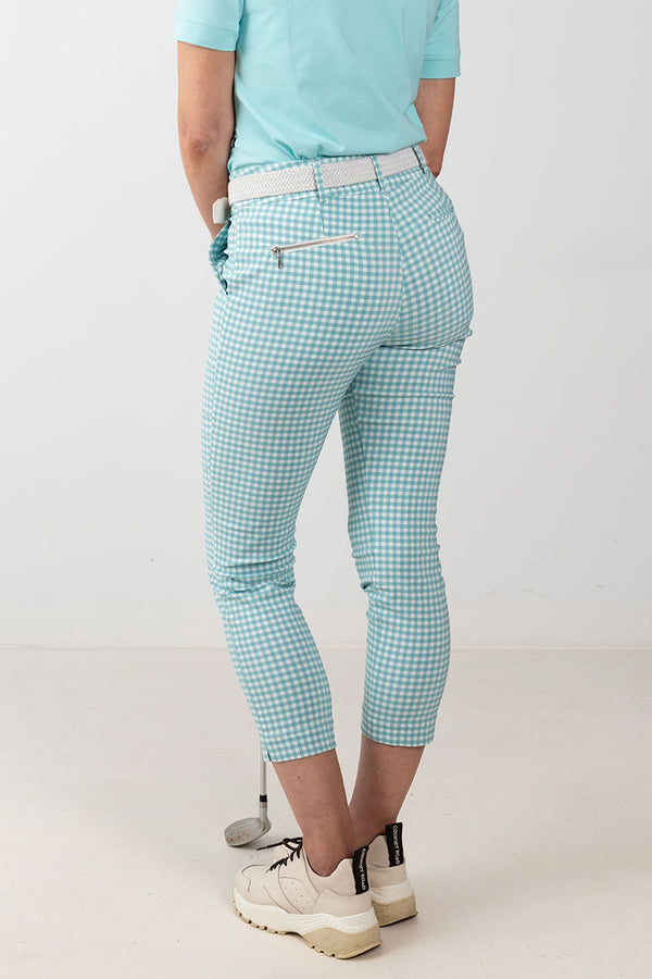 womens aqua and white gingham check golf capri
