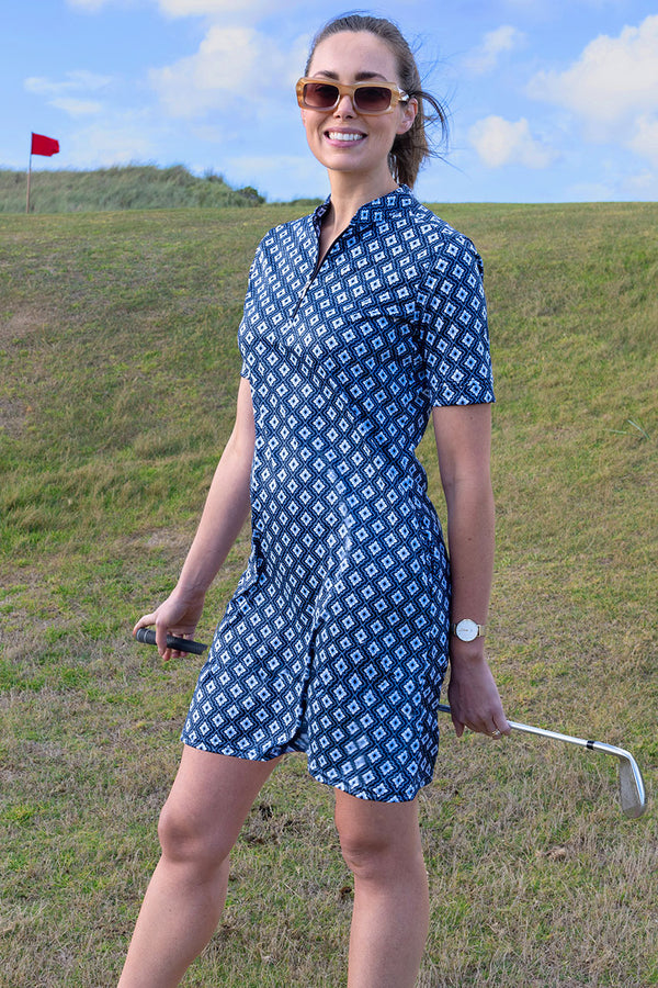 womens blue mosiac print short sleeve golf dress