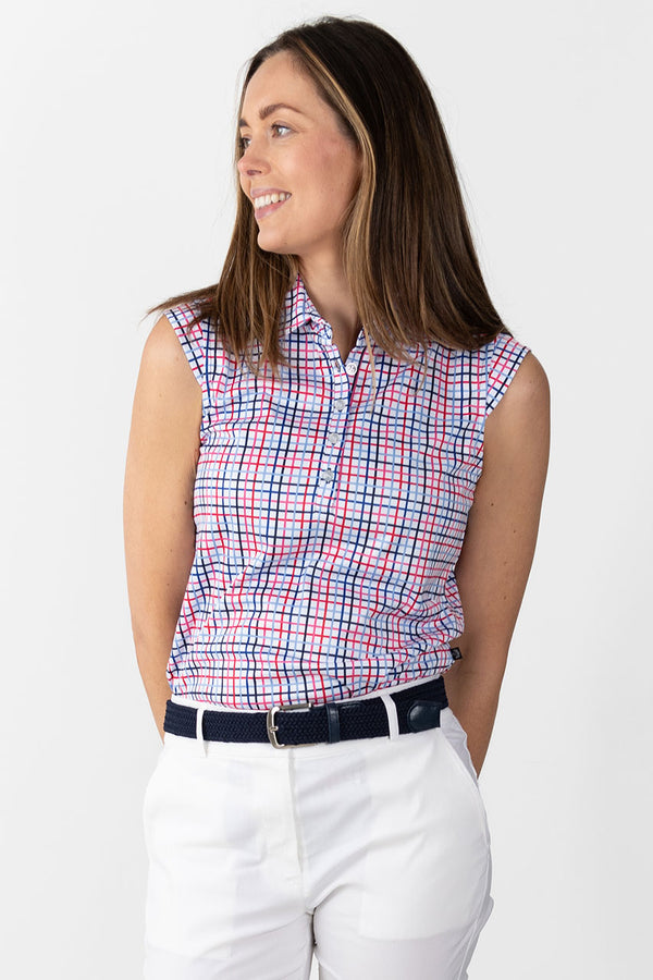 womens colourful check print cap sleeve golf polo top