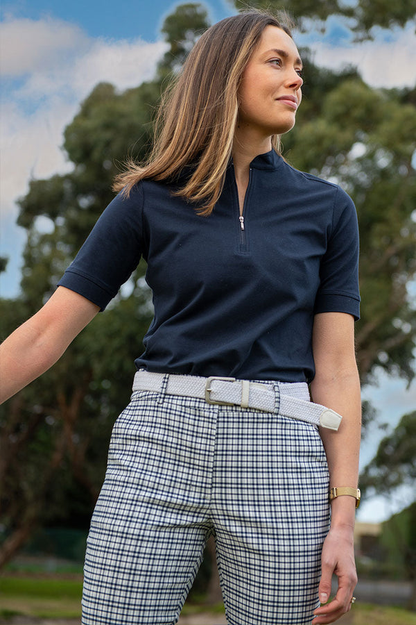 womens navy organic cotton stretch short sleeve golf polo top