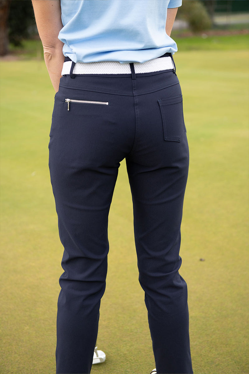 womens navy stretch golf pant back view