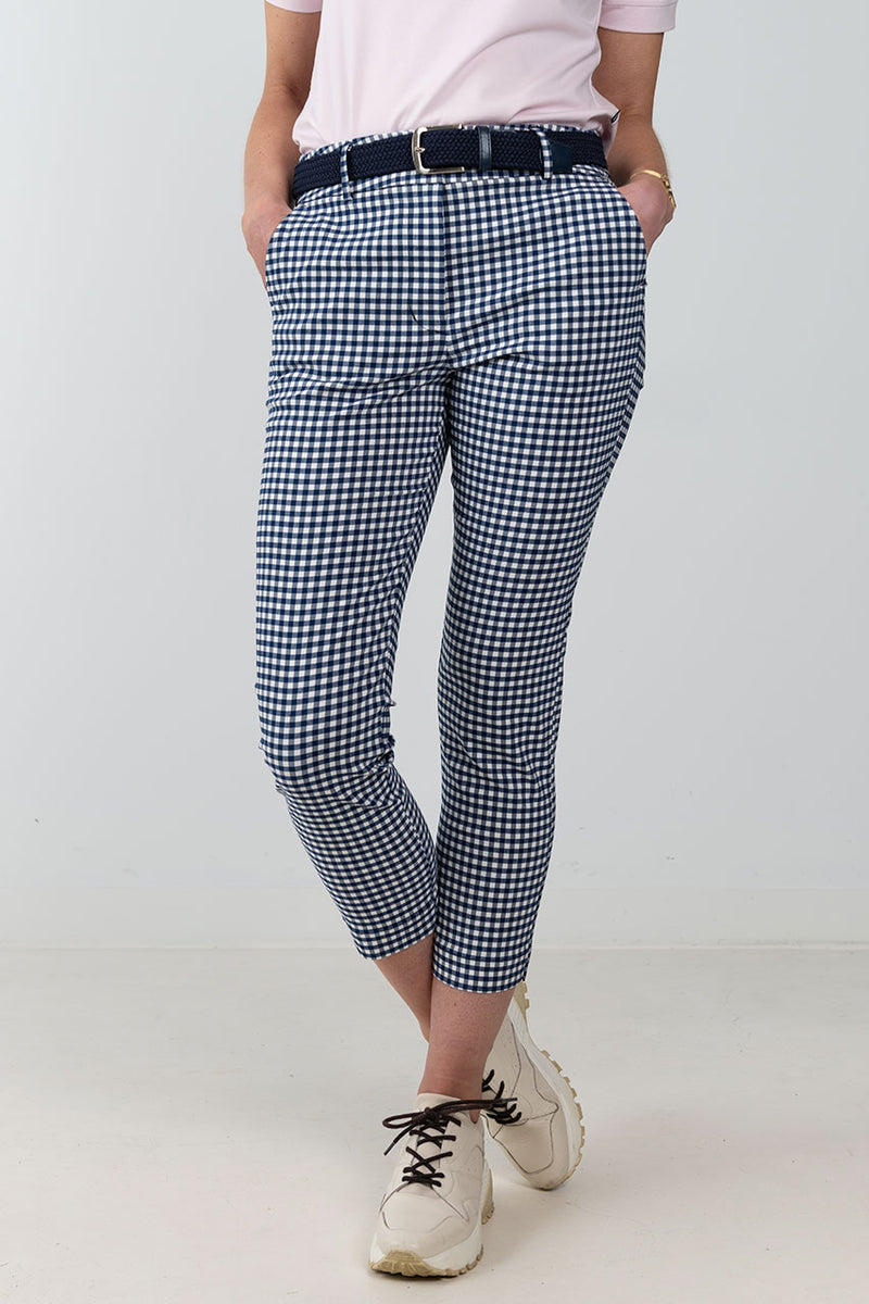 womens navy and white check golf capri pant