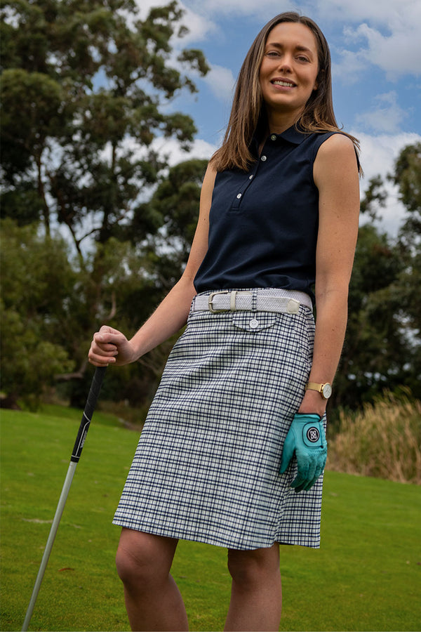 womens navy and grey check longer length golf skort
