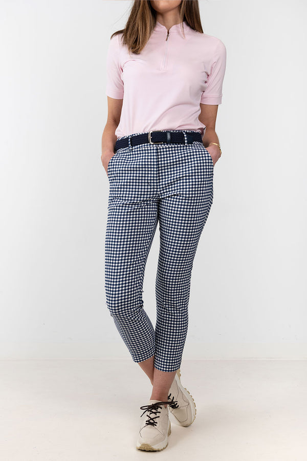 womens navy and white gingham check 7/8 golf pant