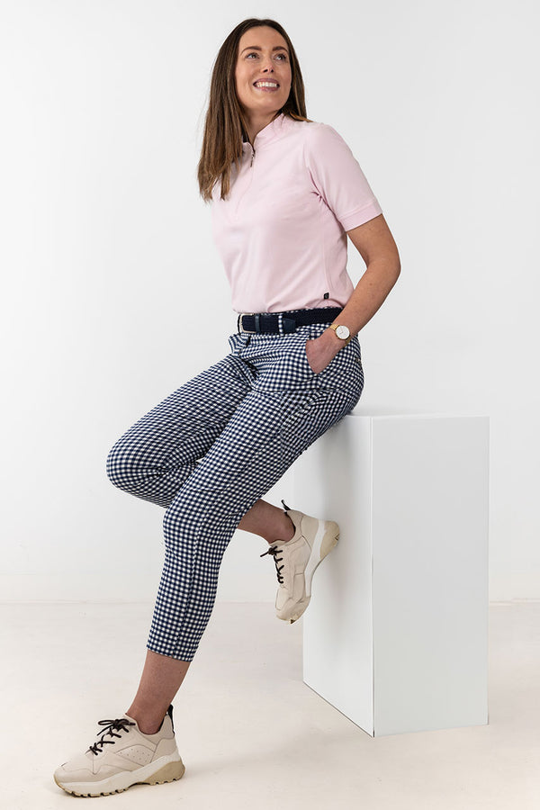 womens navy and white gingham check golf capri