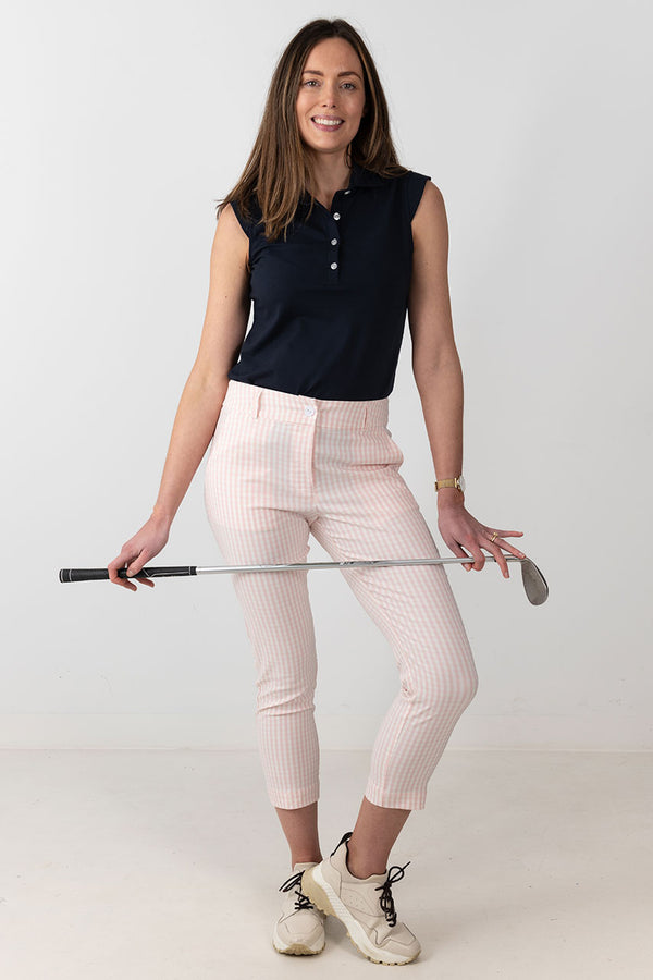 womens pink and white gingham stretch golf capri pant