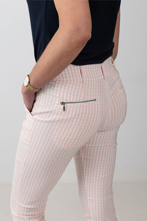 womens pink and white gingham check golf capri pant