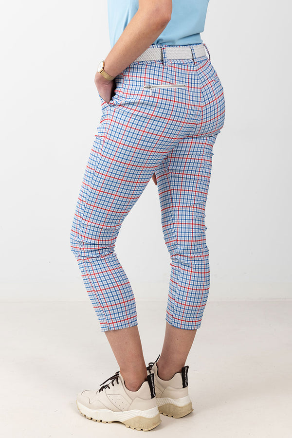 womens red and blue check golf pant