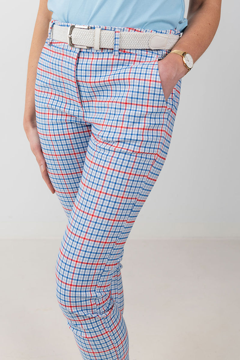 womens red and blue check golf capri pant