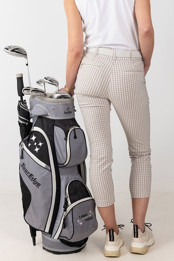 womens stone and white gingham stretch golf pant
