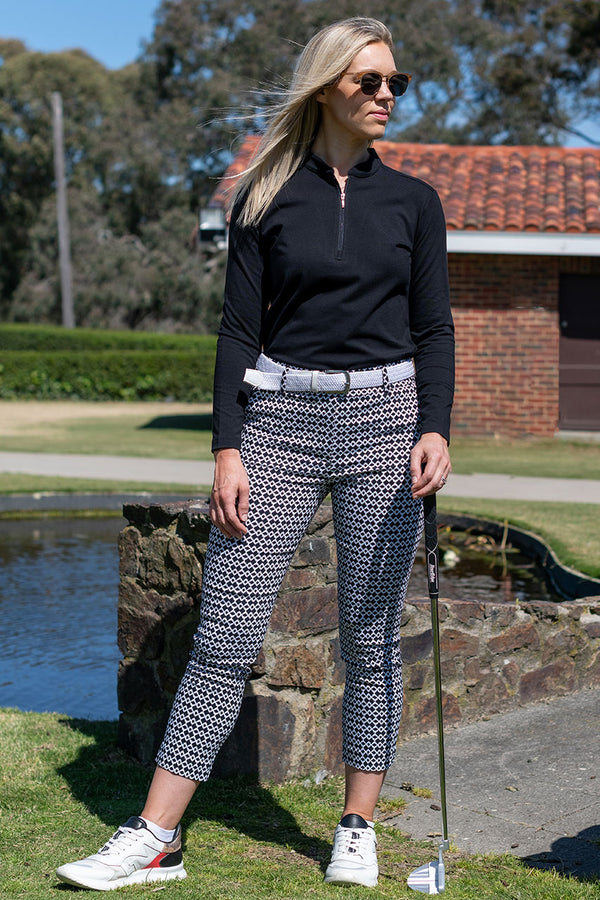 womens black and white stretch golf capri pant