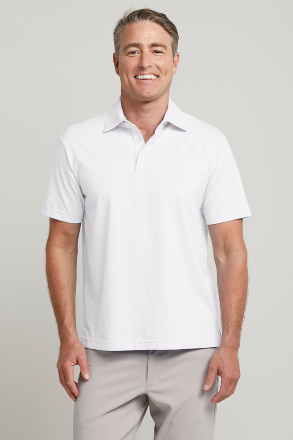 Men's white short sleeve golf polo shirt