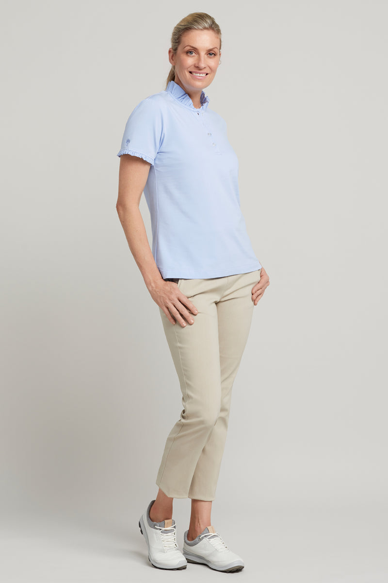 Ladies powder blue short sleeve ruffle golf polo top