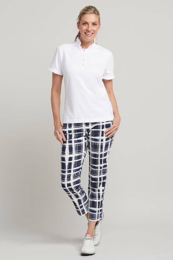 Women's white short sleeve ruffled golf polo top