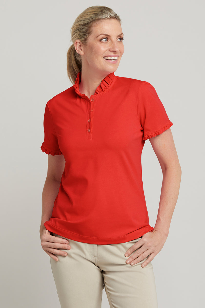 Women's red short sleeve ruffle golf polo top
