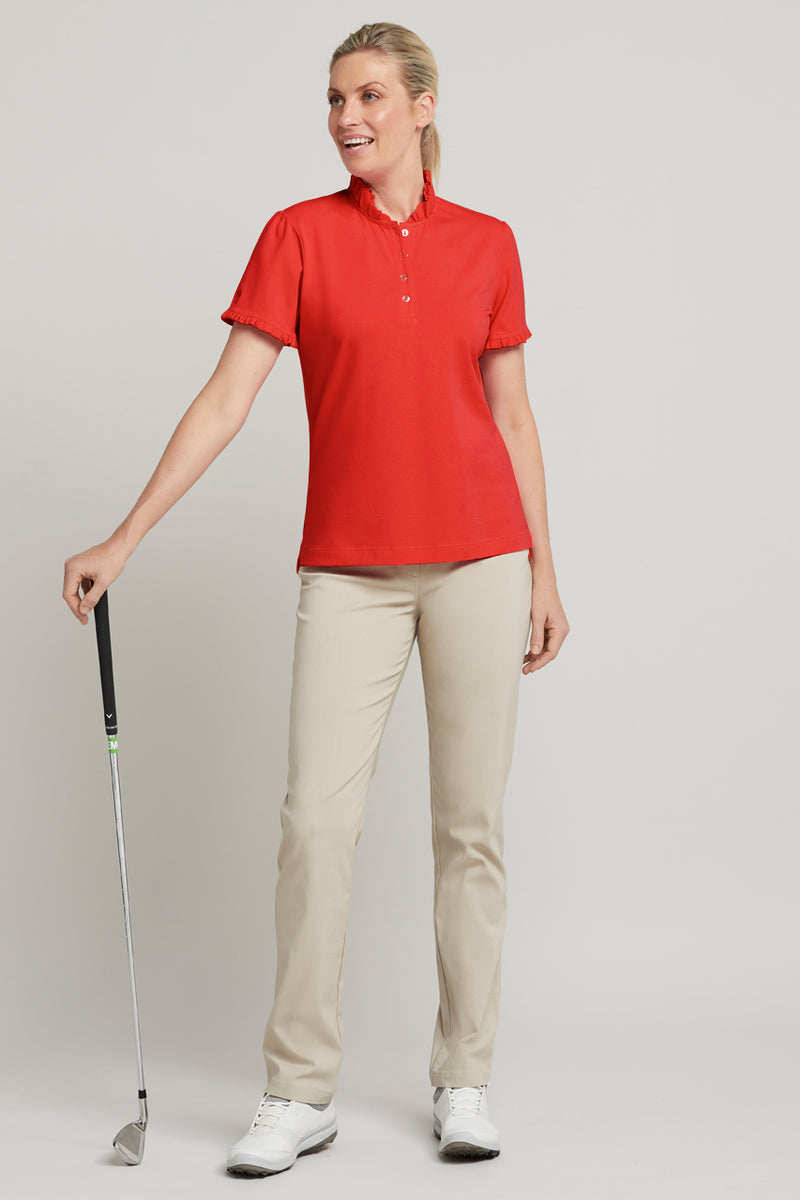 Ladies red short sleeve ruffle golf polo shirt