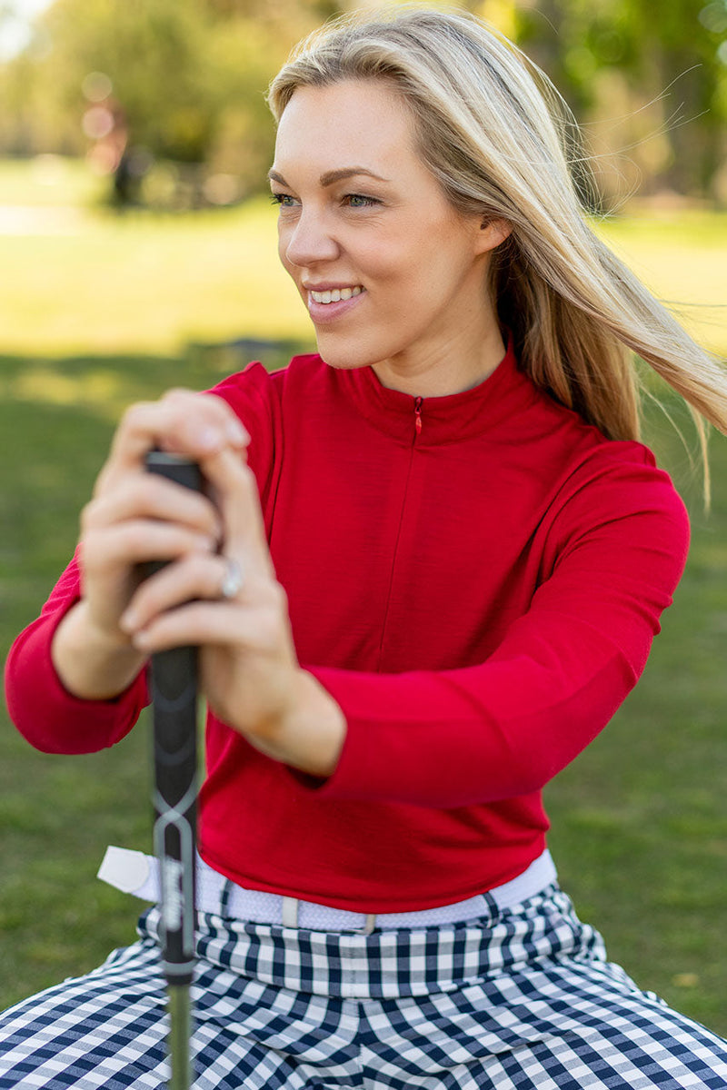 womens merino wool red golf skivvy with zip up 