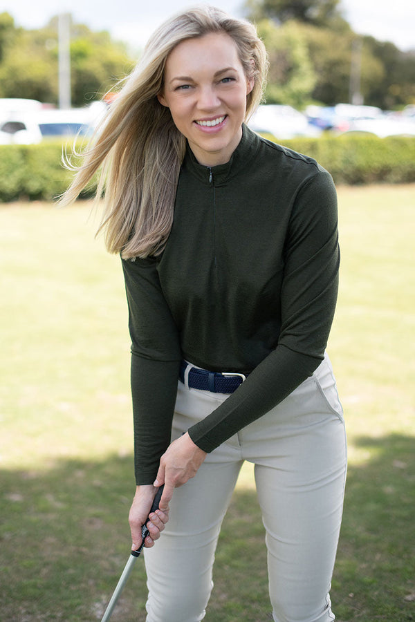 womens merino wool olive golf skivvy with zip up neck