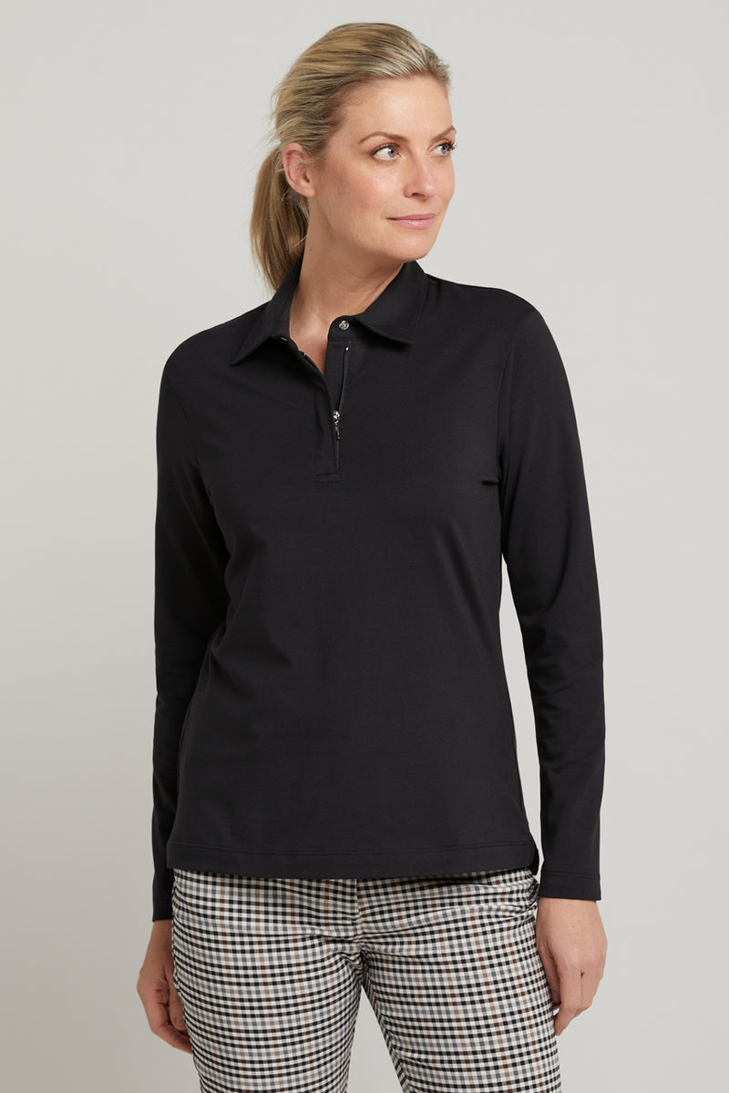 sally black womens long sleeve polo
