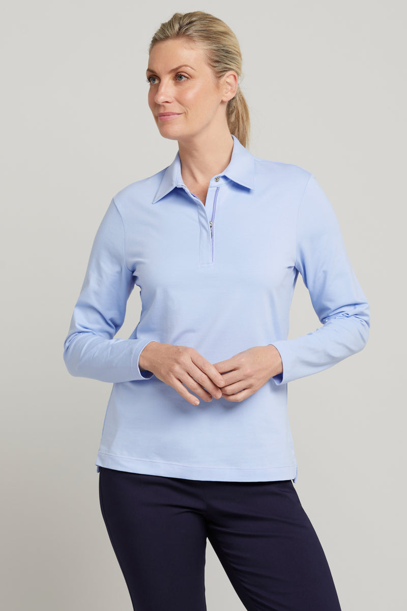 sally powder blue womens long sleeve polo