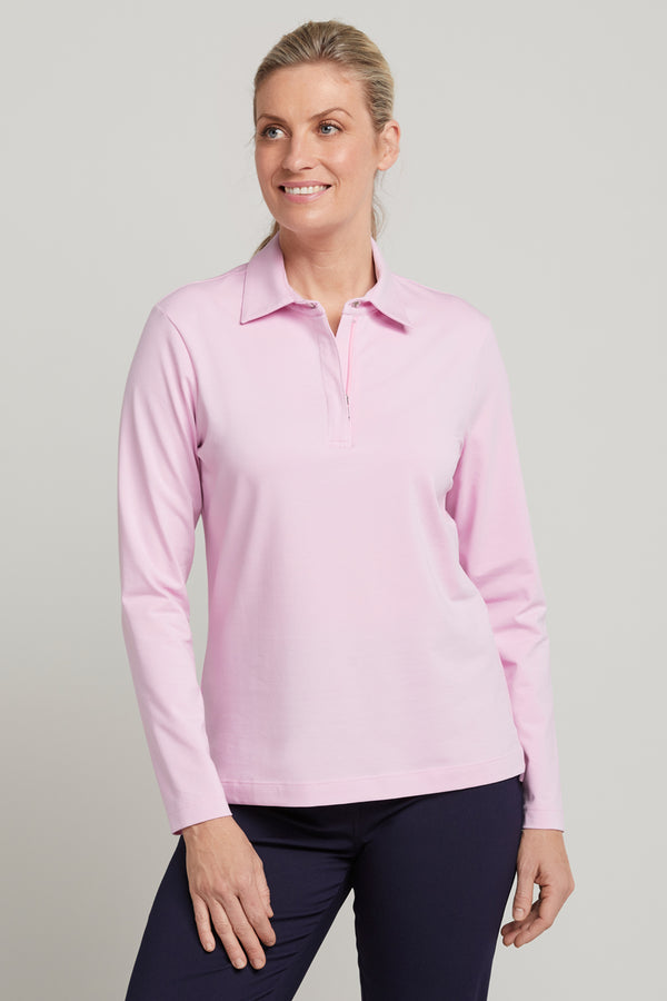 powder pink womens long sleeve golf polo top