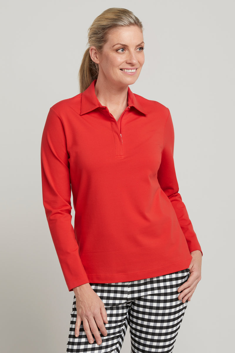 sally tangerine red womens long sleeve polo