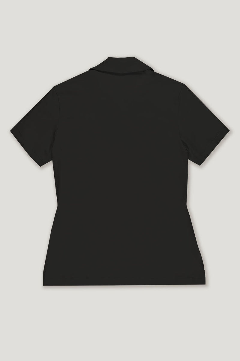 womens black organic cotton short sleeve golf polo top back view