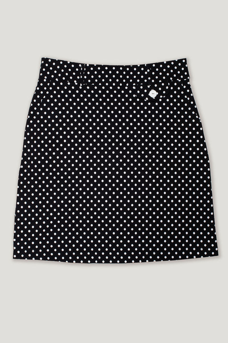 womens black and white spot longer line golf skort