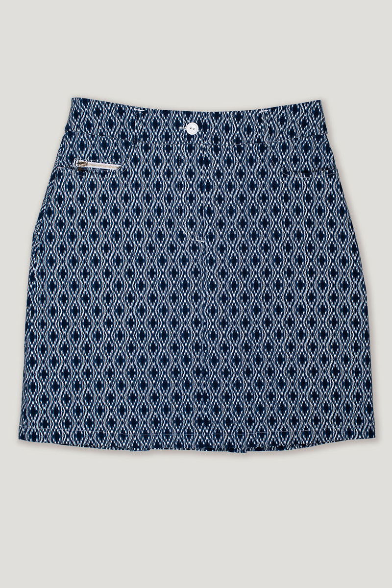 womens blue ikat print longer line golf skort