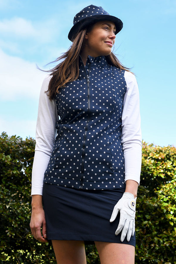 womens navy ditsy floral zip up golf vest