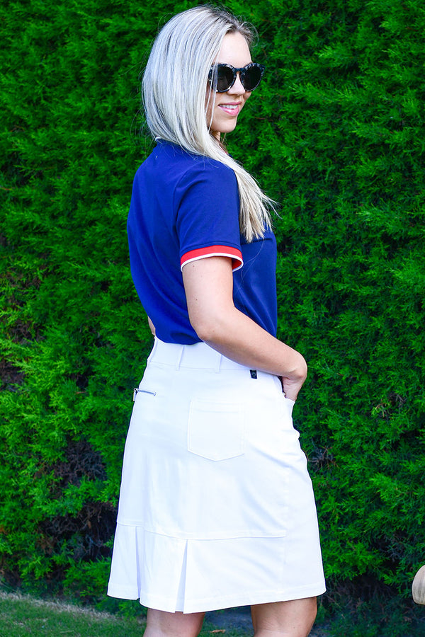 womens navy golf polo shirt with contrast collar and cuff