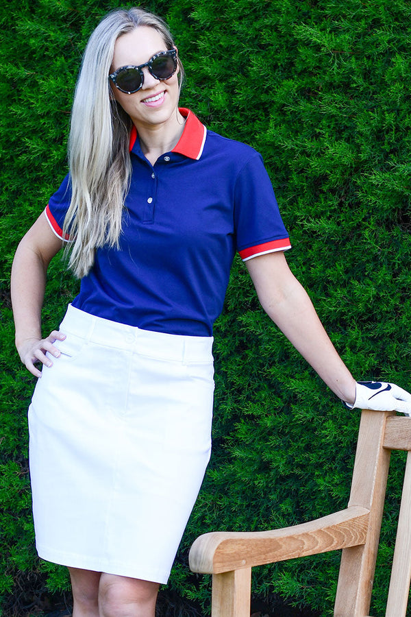 womens navy short sleeve cotton golf polo with contrast collar and cuff