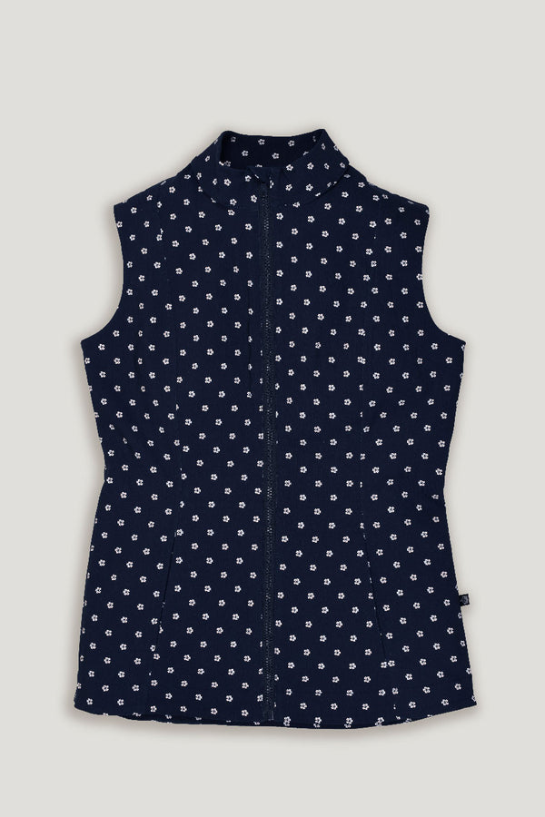 ladies navy and white ditsy floral sleeveless golf vest