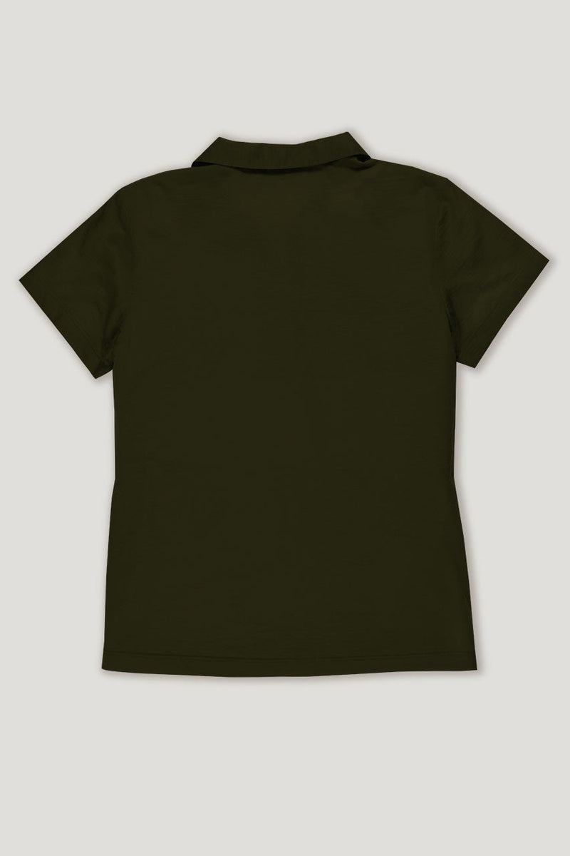 womens olive green merino wool short sleeve golf polo shirt rear view
