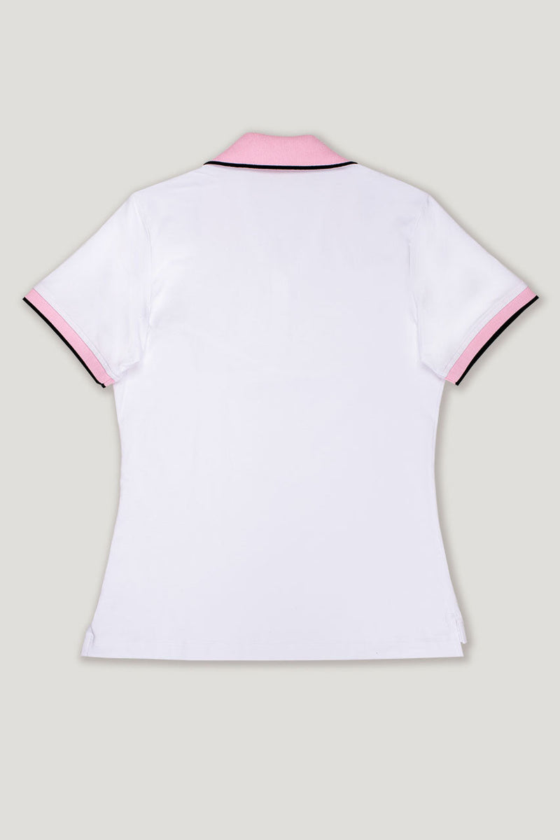 womens white golf polo shirt with pink rib collar and cuff