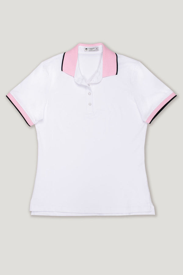 womens white short sleeve golf polo with contrast cuff an collar and cuff