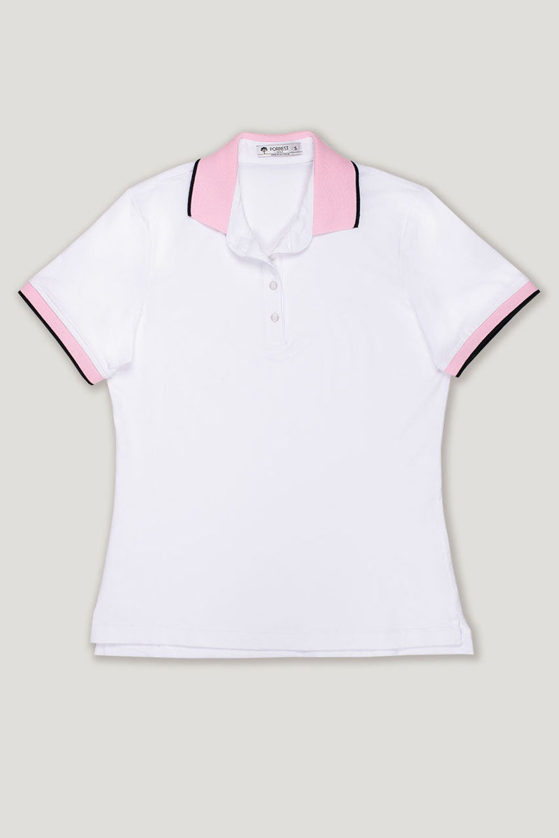 womens white short sleeve golf polo with contrast cuff an collar and cuff